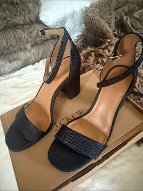 J. Crew Black Block Heel Ankle-Strap Sandals - Women size 9